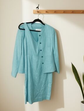 MaxMara Teal Silk/Linen Midi Dress with Matching Jacket, Size 8 MUST SEE!!